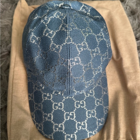 GUCCI Canvas GG Monogram Baseball Cap Blue Silver Authentic - Picture 1 of 10